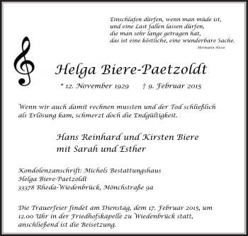 Traueranzeige von Helga Biere-Paetzoldt von Die Glocke