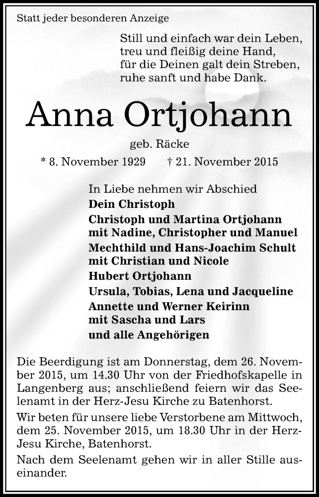  Traueranzeige für Anna Ortjohann vom 24.11.2015 aus Die Glocke