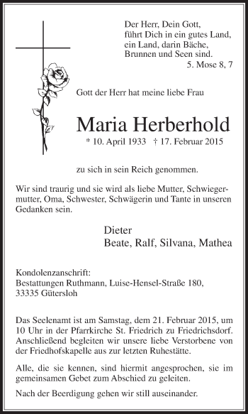 Traueranzeige von Maria Herberhold von Die Glocke