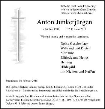 Traueranzeige von Anton Junkerjürgen von Die Glocke