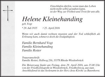 Traueranzeige von Helene Kleinehanding von Die Glocke