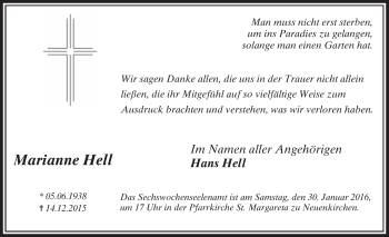 Traueranzeige von Marianne Hell von Die Glocke