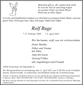 Traueranzeige von Rolf Ruge von Die Glocke