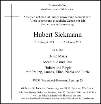Traueranzeige von Hubert Sickmann von Die Glocke