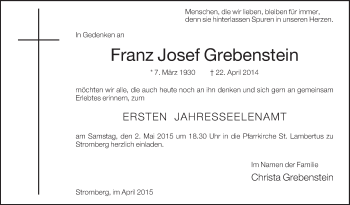 Traueranzeige von Franz Josef Grebenstein von Die Glocke