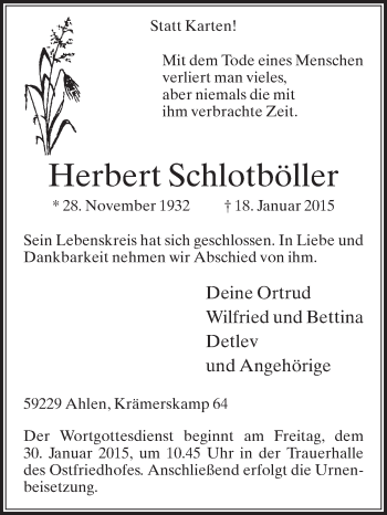 Traueranzeige von Herbert Schlotböller von Die Glocke