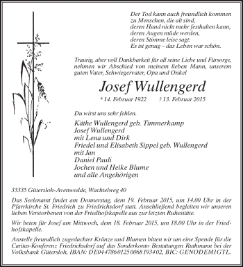 Traueranzeige von Josef Wullengerd von Die Glocke