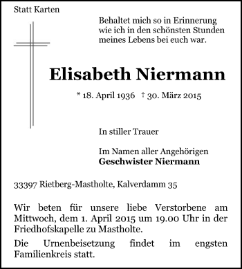 Traueranzeige von Elisabeth Niermann von Die Glocke