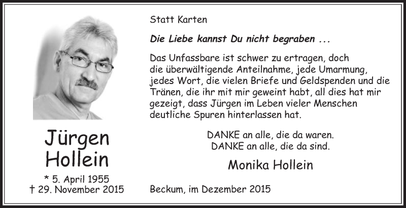  Traueranzeige für Jürgen Hollein vom 30.12.2015 aus Die Glocke