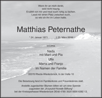 Traueranzeige von Matthias Peternathe von Die Glocke