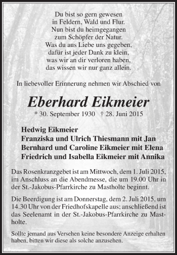 Traueranzeige von Eberhard Eikmeier von Die Glocke