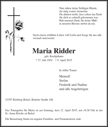 Traueranzeige von Maria Ridder von Die Glocke