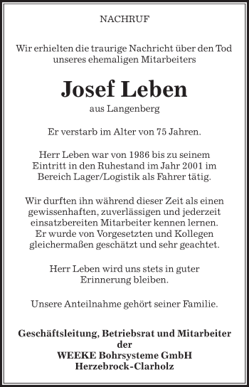 Traueranzeige von Josef Leben von Die Glocke