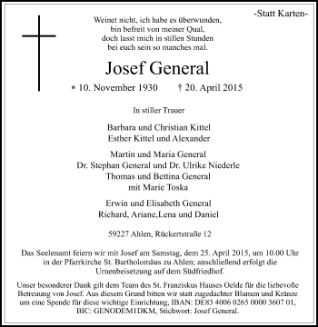 Traueranzeige von Josef General von Die Glocke