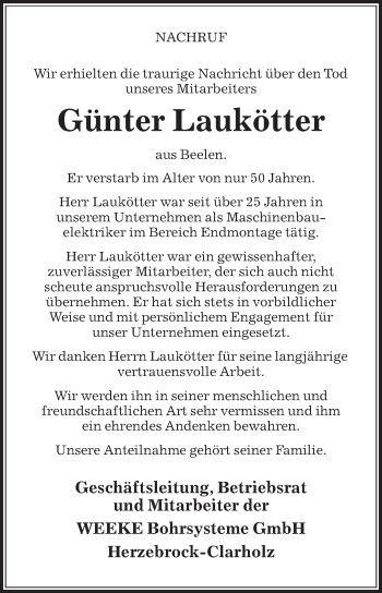 Traueranzeige von Günter Laukötter von Die Glocke