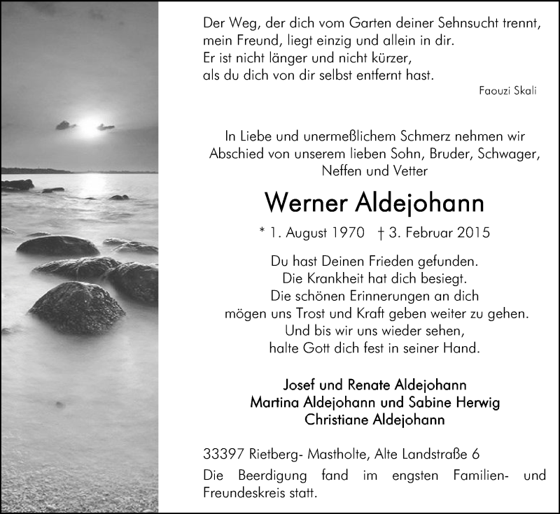  Traueranzeige für Werner Aldejohann vom 11.02.2015 aus Die Glocke