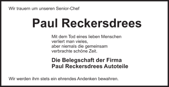 Traueranzeige von Paul Reckersdrees von Die Glocke