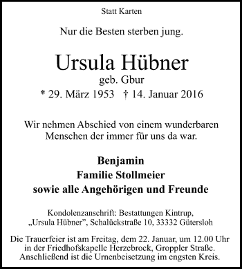 Traueranzeige von Ursula Hübner von Glocke Trauer