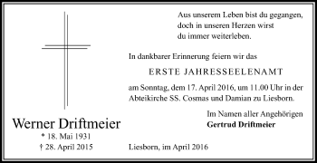 Traueranzeige von Werner Driftmeier von Die Glocke