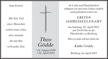 Traueranzeige von Theo Gödde von Die Glocke