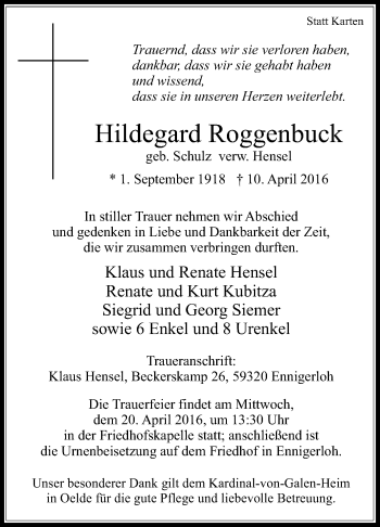Traueranzeige von Hildegard Roggenbuck von Die Glocke