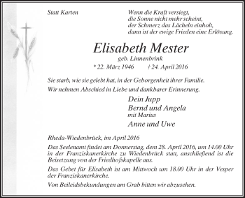 Traueranzeige von Elisabeth Mester von Die Glocke