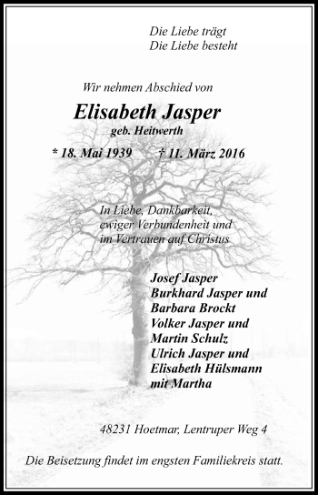 Traueranzeige von Elisabeth Jasper von Die Glocke