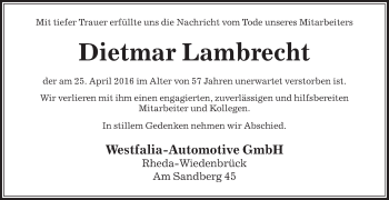 Traueranzeige von Dietmar Lambrecht von Die Glocke