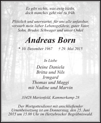 Traueranzeige von Andreas Born von Die Glocke