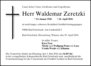 Traueranzeige von Waldemar Zeretzki von Die Glocke