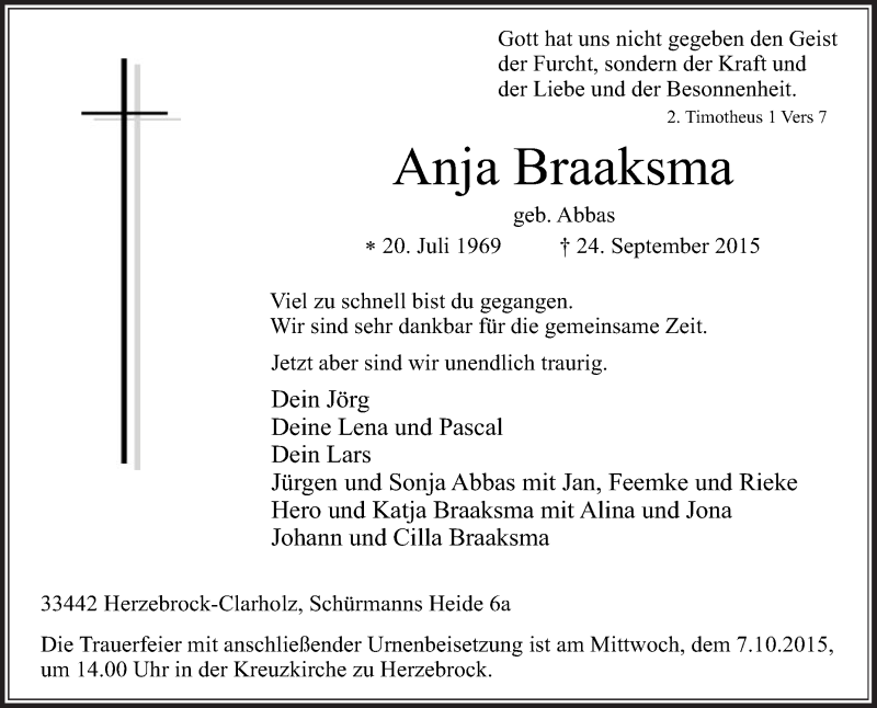  Traueranzeige für Anja Braaksma vom 26.09.2015 aus Die Glocke