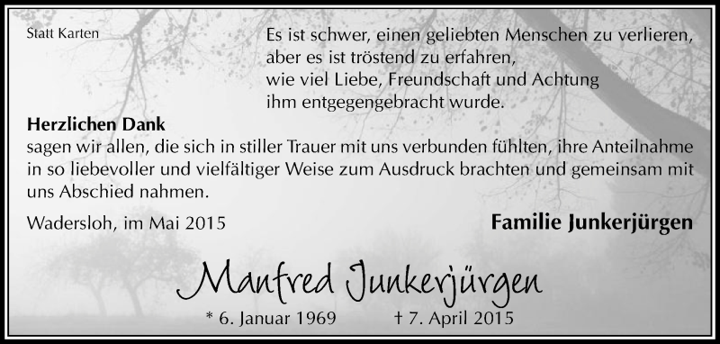  Traueranzeige für Manfred Junkerjürgen vom 16.05.2015 aus Die Glocke