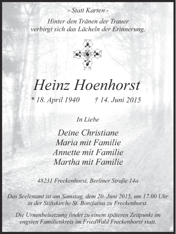 Traueranzeige von Heinz Hoenhorst von Die Glocke