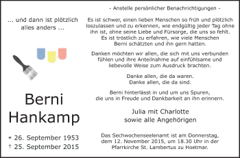 Traueranzeige von Berni Hankamp von Die Glocke