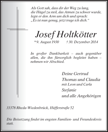 Traueranzeige von Josef Holtkötter von Die Glocke