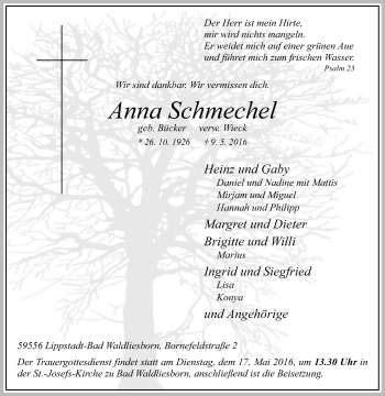 Traueranzeige von Anna Schmechel von Die Glocke