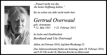 Traueranzeige von Gertrud Overwaul von Die Glocke