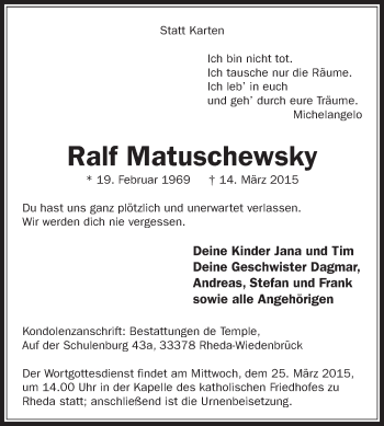 Traueranzeige von Ralf Matuschewsky von Die Glocke