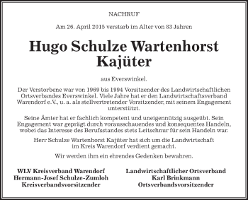 Traueranzeige von Hugo Schulze Wartenhorst von Die Glocke