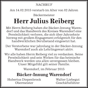 Traueranzeige von Julius Reiberg von Die Glocke