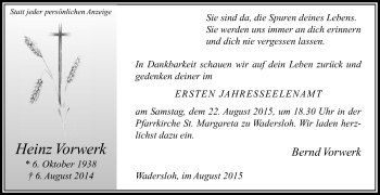 Traueranzeige von Heinz Vorwerk von Die Glocke