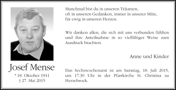 Traueranzeige von Josef Mense von Die Glocke