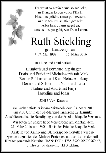 Traueranzeige von Ruth Stickling von Die Glocke