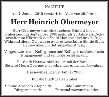 Traueranzeige von Heinrich Obermeyer von Die Glocke