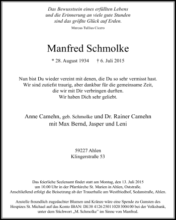 Traueranzeige von Manfred Schmolke von Die Glocke