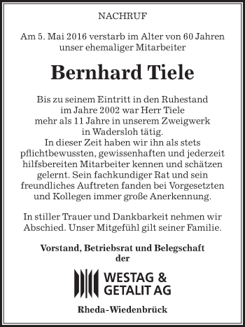 Traueranzeige von Bernhard Tiele von Die Glocke