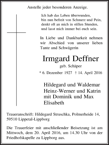 Traueranzeige von Irmgard Deffner von Glocke Trauer