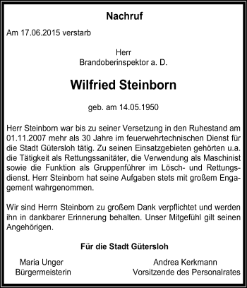 Traueranzeige von Wilfried Steinborn von Die Glocke