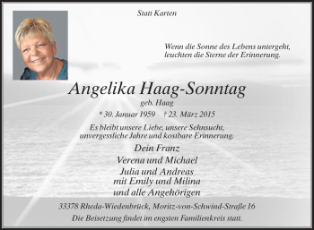 Traueranzeige von Angelika Haag-Sonntag von Die Glocke