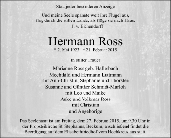 Traueranzeige von Hermann Ross von Die Glocke